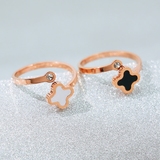 韩国韩版黑白色四叶草戒指女 钛钢18K玫瑰金开口尾戒食指指环饰品