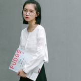 2016秋季新款韩版单穿打底拼蕾丝长袖白衬衣文艺范上衣女