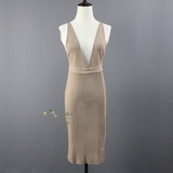 韩版毛线针织背带V领连衣裙无袖修身裙 气质显瘦包臀裙B115