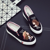 夏季一脚蹬平底帆布鞋女 学生韩版卡通涂鸦黑色低帮平跟透气布鞋