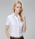 夏季新款职业衬衫女装短袖韩版修身V领正装商务白色衬衣OL大码棉