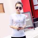 夏棉五分袖t恤女短袖白色显瘦打底衫纯色黑色高领修身半袖韩版