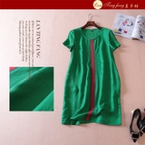 欧洲站精品绿色连衣裙 高档面料时尚大气拼贴红条女装短袖夏季裙
