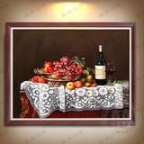 现代新古典手绘油画静物葡萄欧式苹果红酒餐厅挂画水果装饰画有框