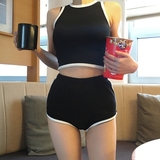 夏季韩国学院风港风修身百搭短款露脐小背心+短裤学生运动套装女