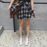 2016夏 韩版学院风显瘦百搭格子假两件衬衫袖绑带半身裙A字短裙女