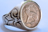Rabbit㊣美国代购 手作独特趣味仿古兔子雕刻硬币铸造925纯银戒指