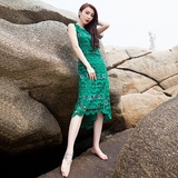 古力娜扎同款镂空刺绣连衣裙欧美高端大牌中长款蕾丝修身绿色裙潮