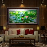 手绘客厅横版装饰画 中式沙发背景墙有框九鲤鱼荷花油画 卓克画廊