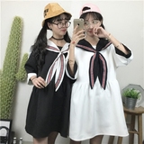 2016夏装新款韩版学院风宽松显瘦海军领条纹撞色中袖连衣裙女短裙