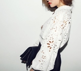 2016年春季新款韩版淑女白色衬衣镂空蕾丝泡泡袖长袖打底衬衫女