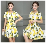 2016春夏新款韩版柠檬印花修身连衣裙短袖中长款大码显瘦裙子女装