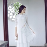 夏季中国风女装茶人服禅意长衫 手绘紫藤双层雪纺中式上衣茶服