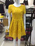 2016夏季新款大码女装连衣裙韩版修身显瘦短袖黄色蕾丝甜美蓬蓬裙