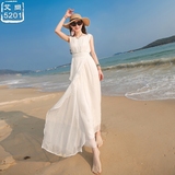 波西米亚海边渡假沙滩裙气质修身高腰真丝连衣裙白色连衣长裙夏仙