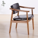 宜家欧式实木休闲椅子新中式北欧美式复古新款软包餐椅皮艺带扶手