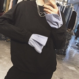 2016春季新款 韩国个性条纹衬衫袖口拼接假两件纯色卫衣女休闲