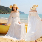 一字领露肩修身系带连衣裙高档气质白色仙女长裙海边度假沙滩裙潮