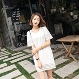 2016夏季女装新款韩版大码宽松显瘦直筒裙子短袖镂空中长款连衣裙
