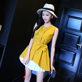 夏装新款韩版两件套圆领无袖系带蝴蝶结高腰连衣裙时尚套装女T364