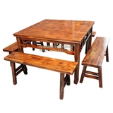 精品碳化木桌椅组合实木餐桌长凳火烧木八仙桌包间防腐木大方桌