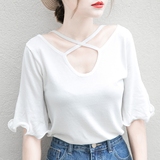 夏季新款女学生时尚V领口交叉镂空修身针织黑白纯色荷叶边半袖t恤