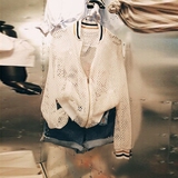 韩国东大门2016夏装新品百搭女棒球领镂空网格长袖拉链防晒衫外套