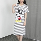 2016年夏韩版圆领大码米奇卡通条纹T恤女短袖宽松中长款连衣裙