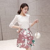 韩版连衣裙套装2016春季新款刺绣蕾丝提花七分袖收腰蓬蓬裙套装裙