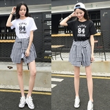闺蜜装夏季韩版学院风T恤假两件女清新格子学生短袖连衣裙