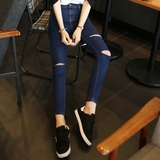 2016新款修身韩版个性破洞牛仔裤女潮款直筒高腰弹力显瘦小脚长裤