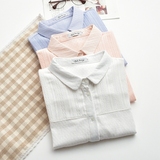 韩版春秋装棉麻白衬衫女 长袖修身显瘦打底文艺衬衣白色蓝色粉色