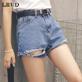 LRUD2016夏季新款韩版高腰破洞牛仔短裤女宽松显瘦BF风阔腿热裤