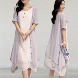 套装裙韩版复古棉麻中长款两件套连衣裙大码女装显瘦亚麻裙子2016