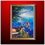 地中海风景帆船油画纯手绘 现代简约厚油立体玄关装饰画过道挂画