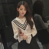 2016春季新款韩版长袖白色立领蕾丝衫打底衫百搭修身短款女士上衣