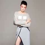 Sungdo gin独立设计师浅灰色白方格短款箱型宽松露脐卫衣