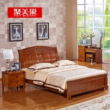 聚美巢现代中式实木床1.5m1.8米橡木双人床高箱储物卧室大床家具