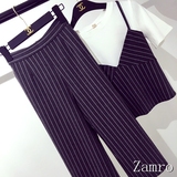 Zamro 2016春夏装新款女时尚修身竖条纹阔腿裤套头针织三件套装