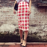 韩国新品黑白格子棉麻包臀裙半身裙女夏中长款高腰修身显瘦一步裙
