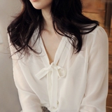 雪纺衫女春夏装新款韩版女装衬衫白色雪纺蝴蝶结长袖打底衫上衣潮