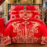 中式婚庆床品四件套大红色绣花结婚床上用品新婚喜庆床盖式十件套