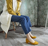 韩国春秋新款女单鞋高跟粗跟中跟圆头酒红色羊皮舒适黄色学生显瘦