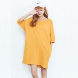 韩国夏季单穿套头连衣裙女纯棉薄款七分袖宽松茧型中长款T恤长裙