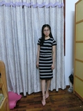 韩版中长款条纹针织连衣裙夏天短袖上衣女装两件套修身包臀裙套装