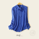 外贸原单宝蓝色100%桑蚕丝长袖重磅真丝衬衫蝴蝶结飘带领女夏上衣