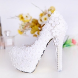 白色花朵蕾丝流苏防水台超高跟珍珠婚鞋新娘鞋拍婚纱照鞋细跟女鞋