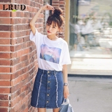 LRUD2016夏季新款韩版圆领印花短袖T恤女宽松显瘦休闲打底衫潮