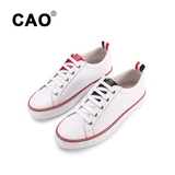 CAO正品真皮小白鞋女头层牛皮黑白鞋个性小白鞋系带单鞋舒适透气