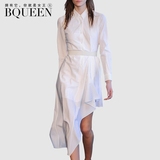 Bqueen2016秋装新款欧美时尚长袖不规则白色衬衫式连衣裙女中长款